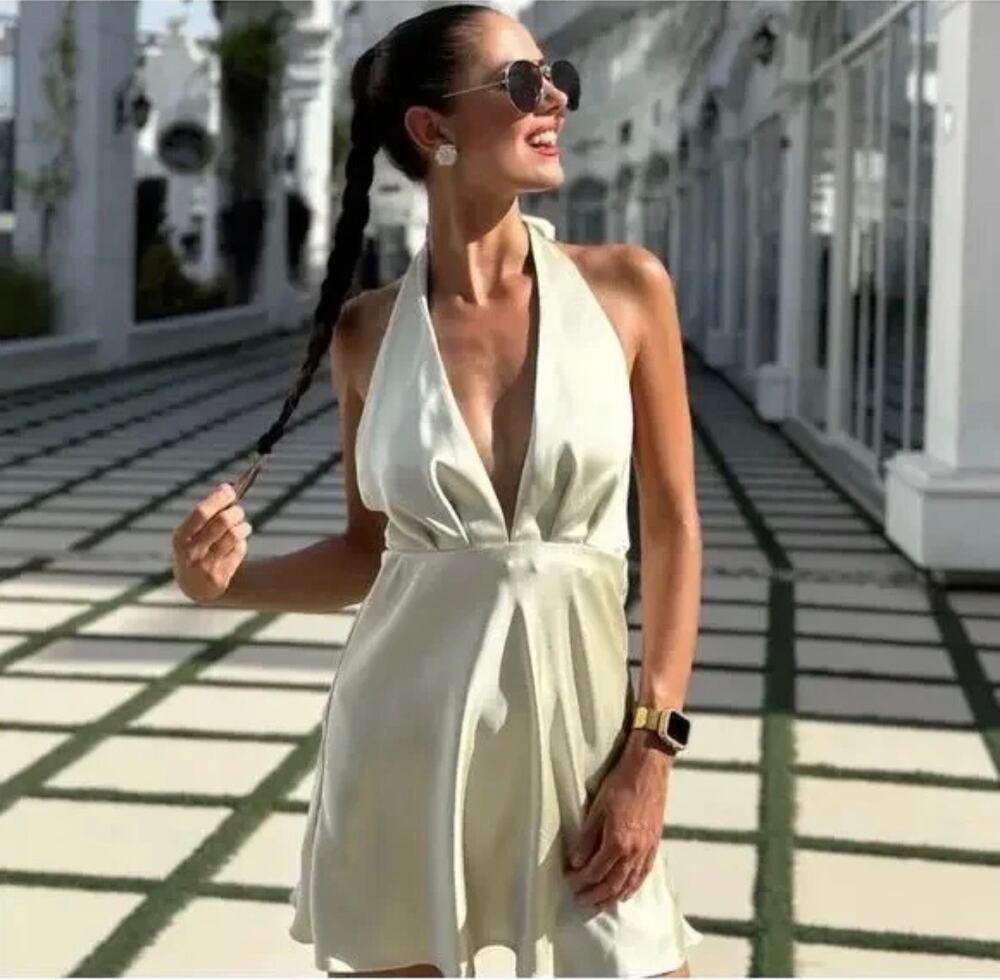 NWT Zara Satin Effect Halter Mini Dress Mint Green Size M Open Back Plunge